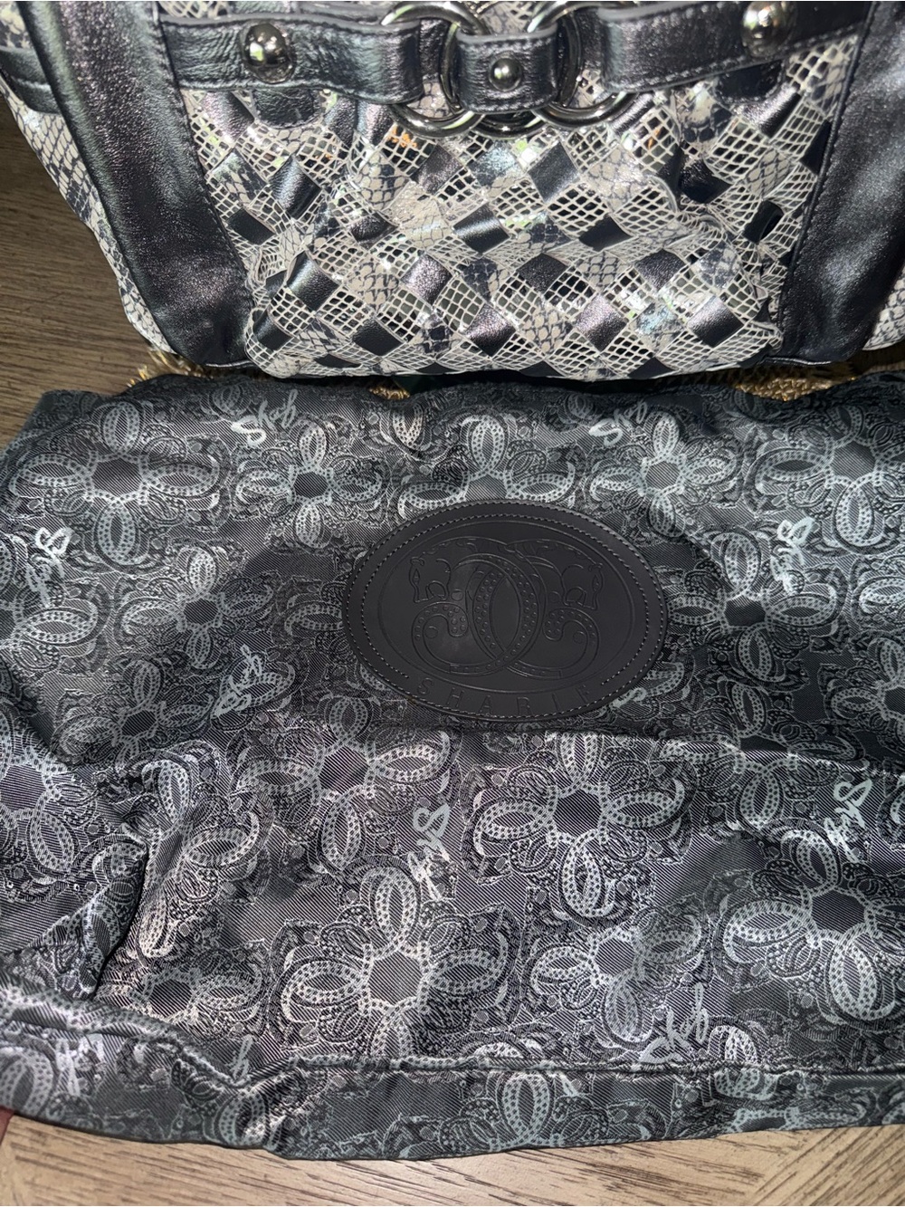 LIKE NEW Sharif Metallic Black & Snakeskin Shoulder Bag - STATEMENT PIECE - Picture 5 of 10